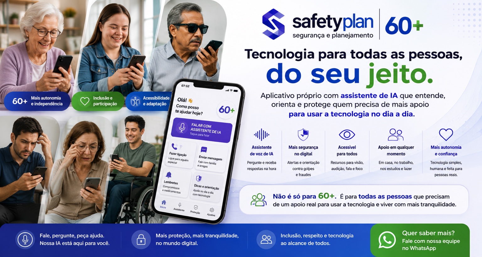 SafetyPlan Acessibilidade Digital: tecnologia para todas as pessoas, Assistente Virtual de IA, proteção, treinamento, acessibilidade e autonomia.