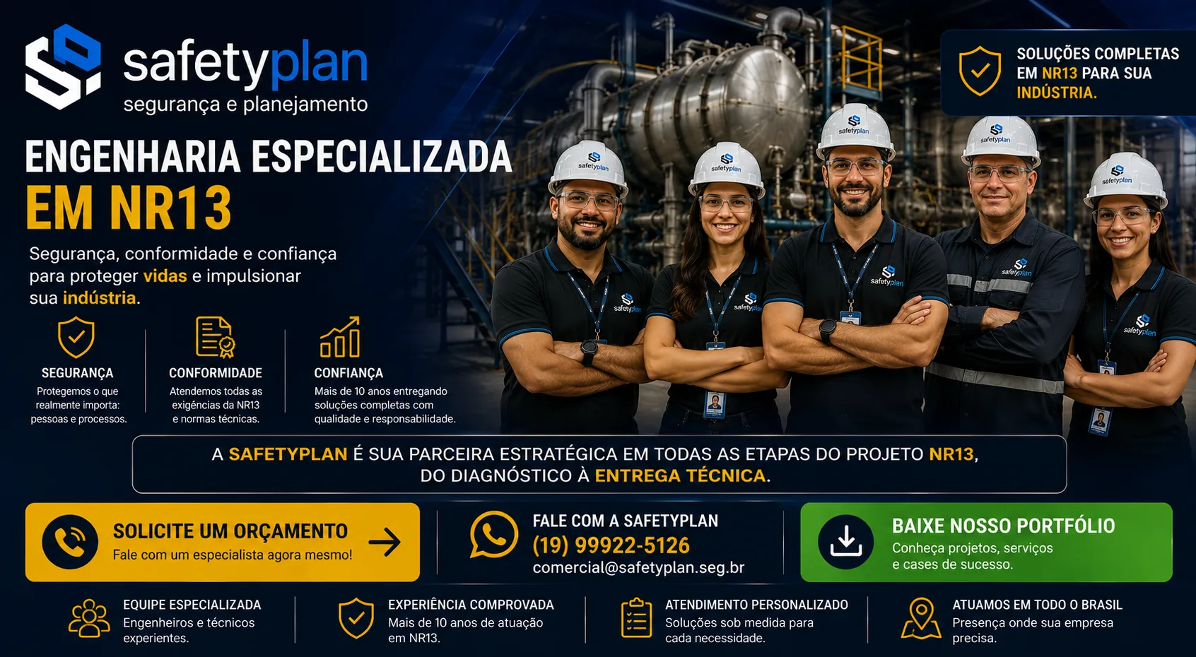 Equipe SafetyPlan em engenharia e inspeções NR13