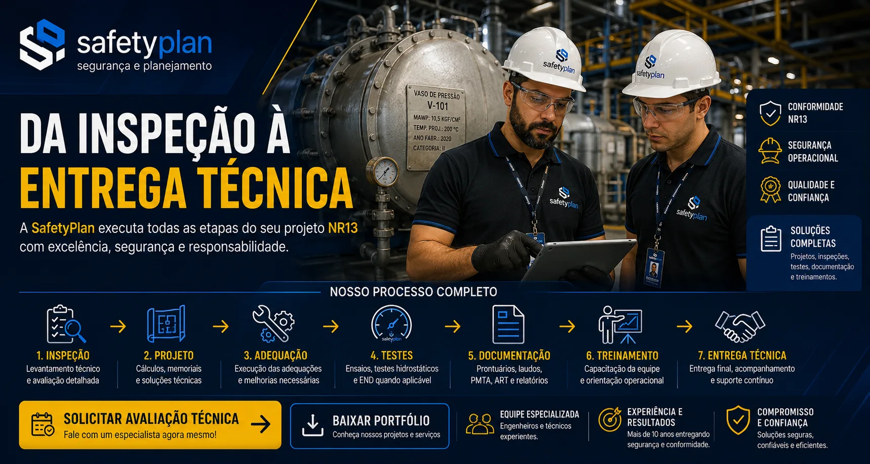 Processo completo SafetyPlan NR13 da inspeção à entrega técnica