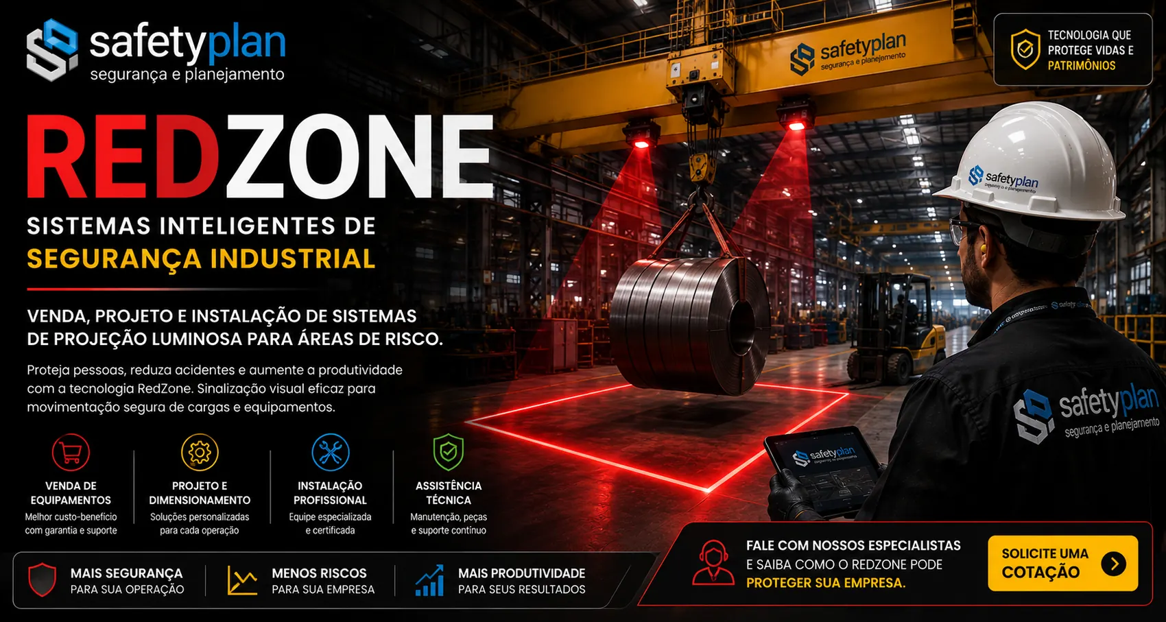 Sistema RedZone para ponte rolante com projeção luminosa de área de risco