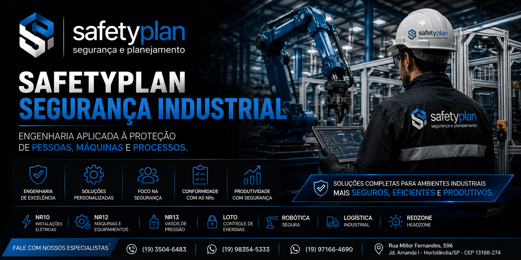 SafetyPlan Segurança Industrial em Atibaia - NR10, NR12, NR13, LOTO, Robótica, Logística e RedZone